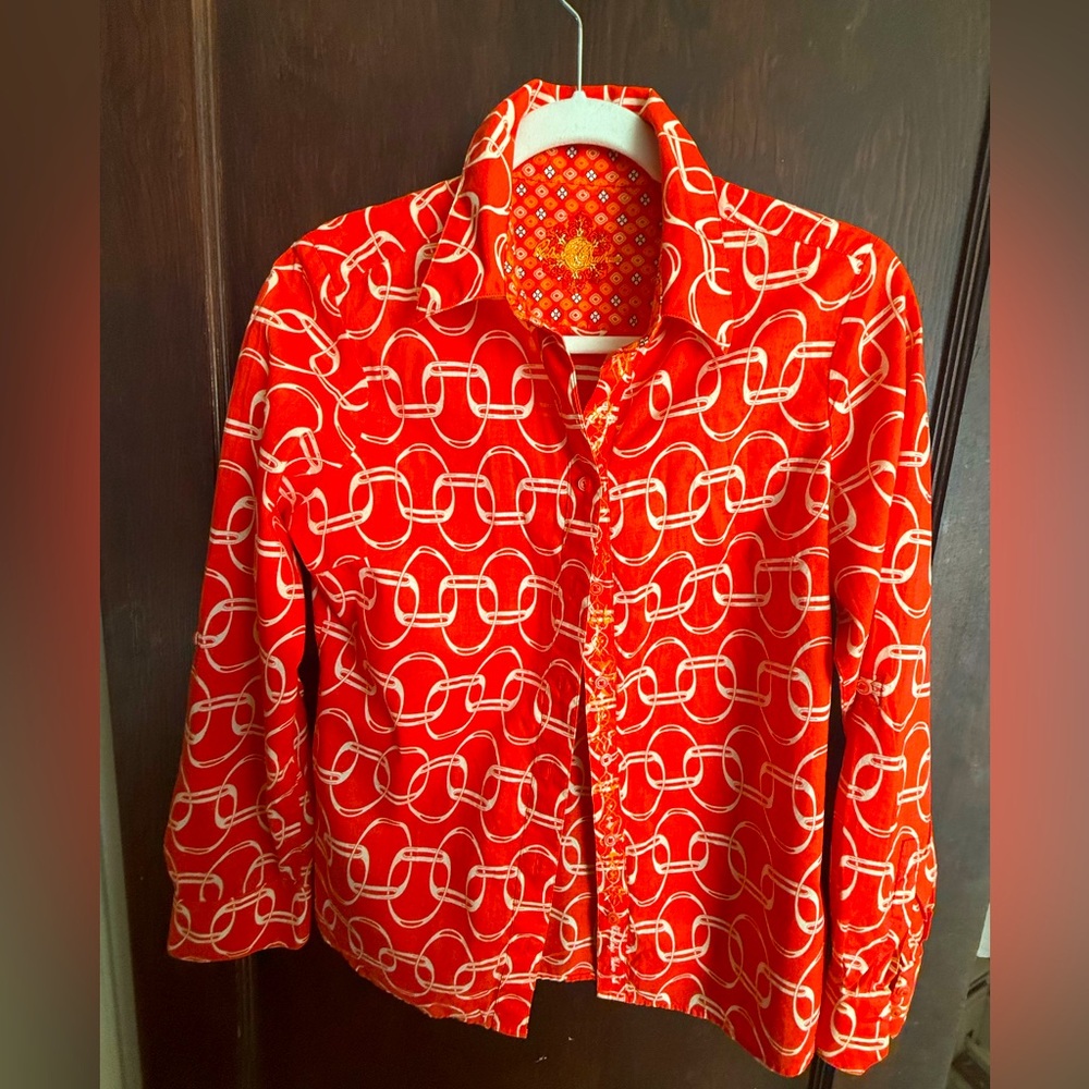 Robert Graham cotton shirt Orange and White Chain Pattern Shirt